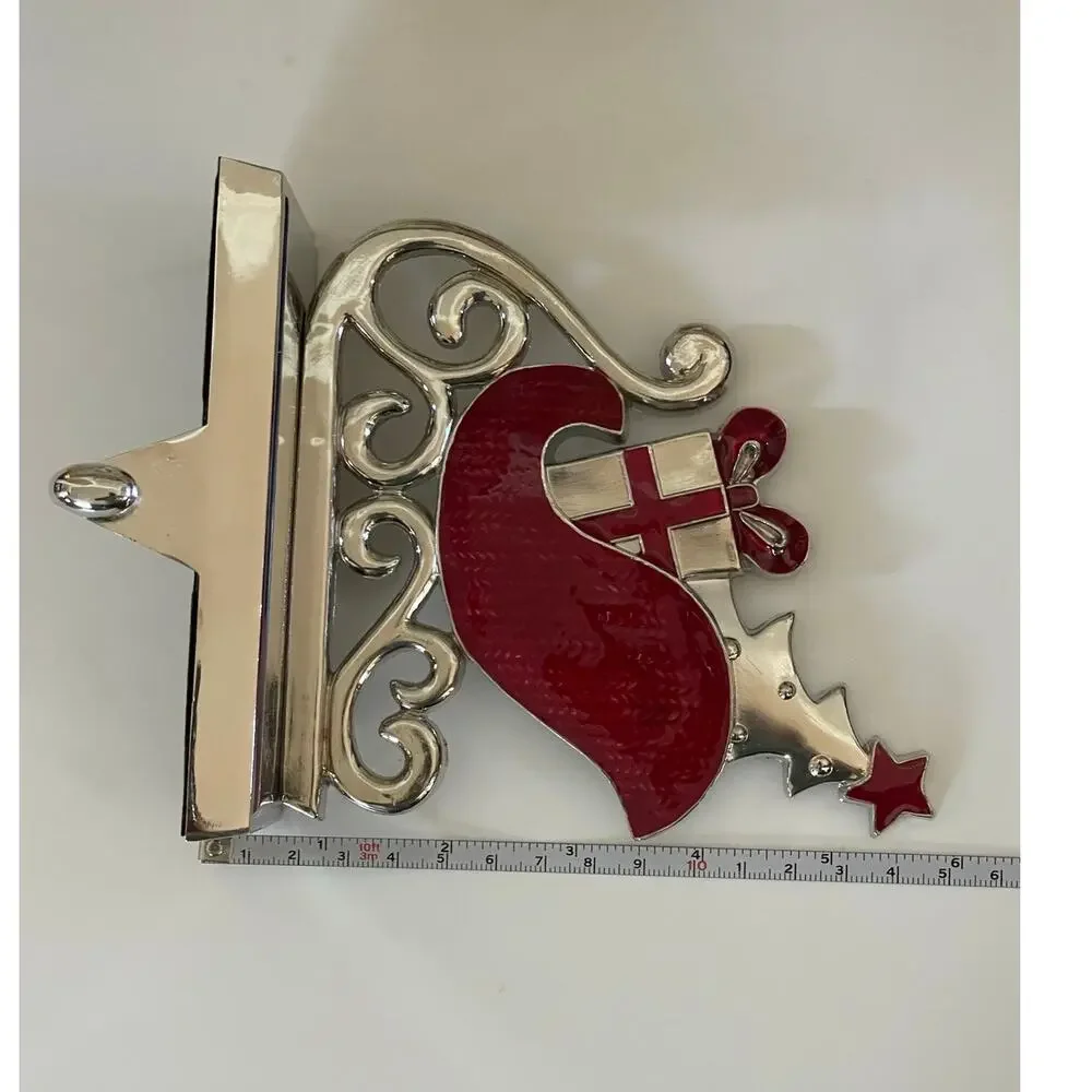 Silver Tone Chrome Stocking Hanger Holder Enamel Accent Christmas
